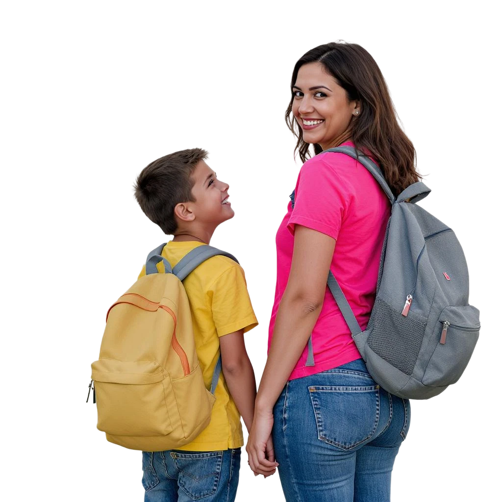 A smiling mother and her son wearing backpacks and holding hands