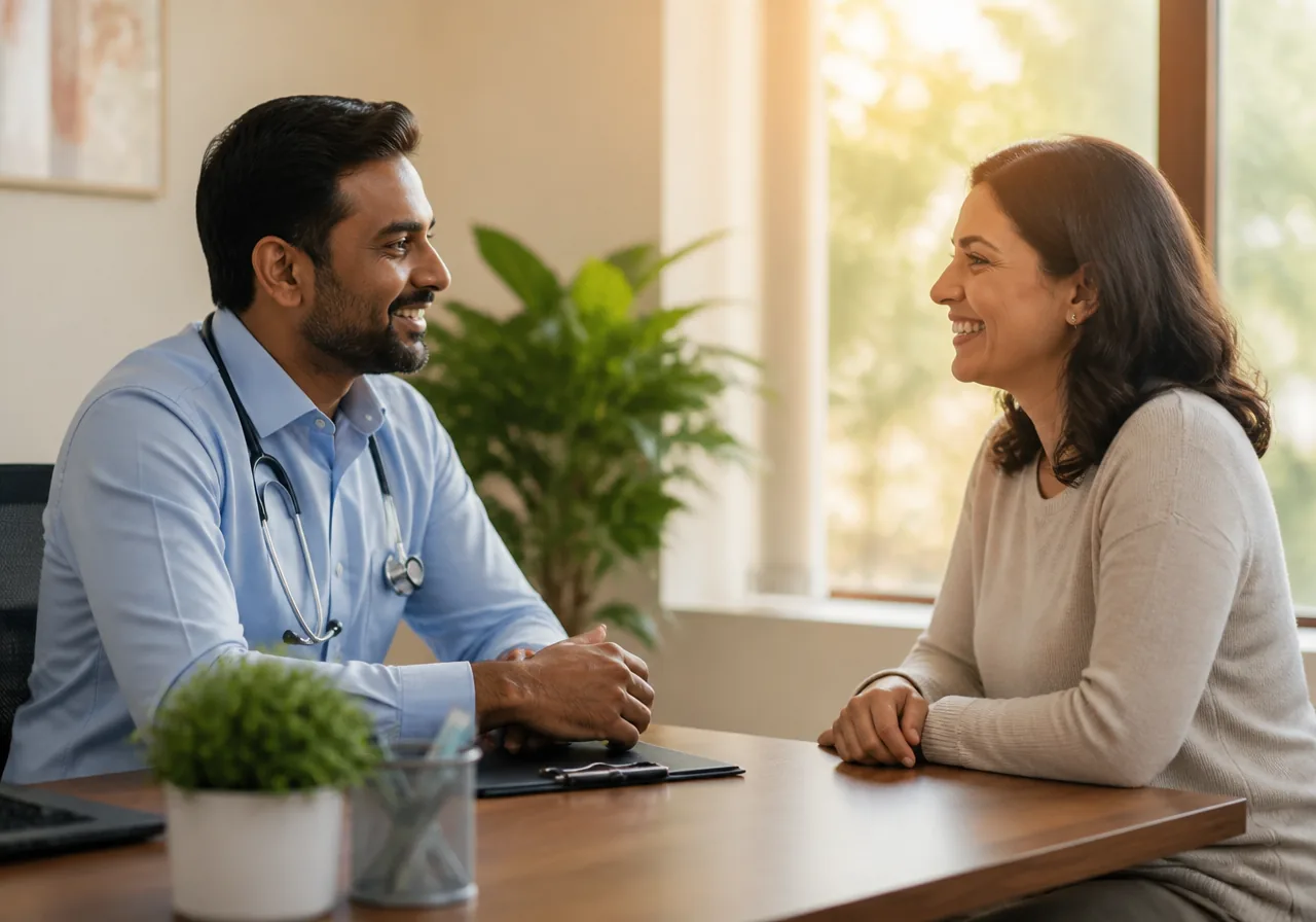 A clinician and a patient smiling at each other while talking across a desk in a sunlit exam room