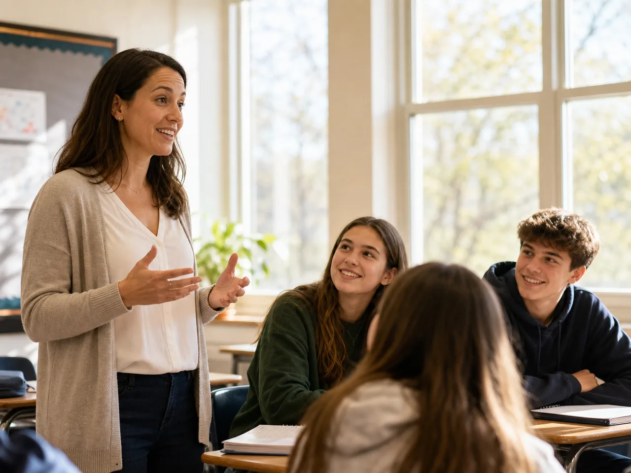 A smiling health educator talking with a small group of middle-school students in a sunlit classroom, students listening and engaged