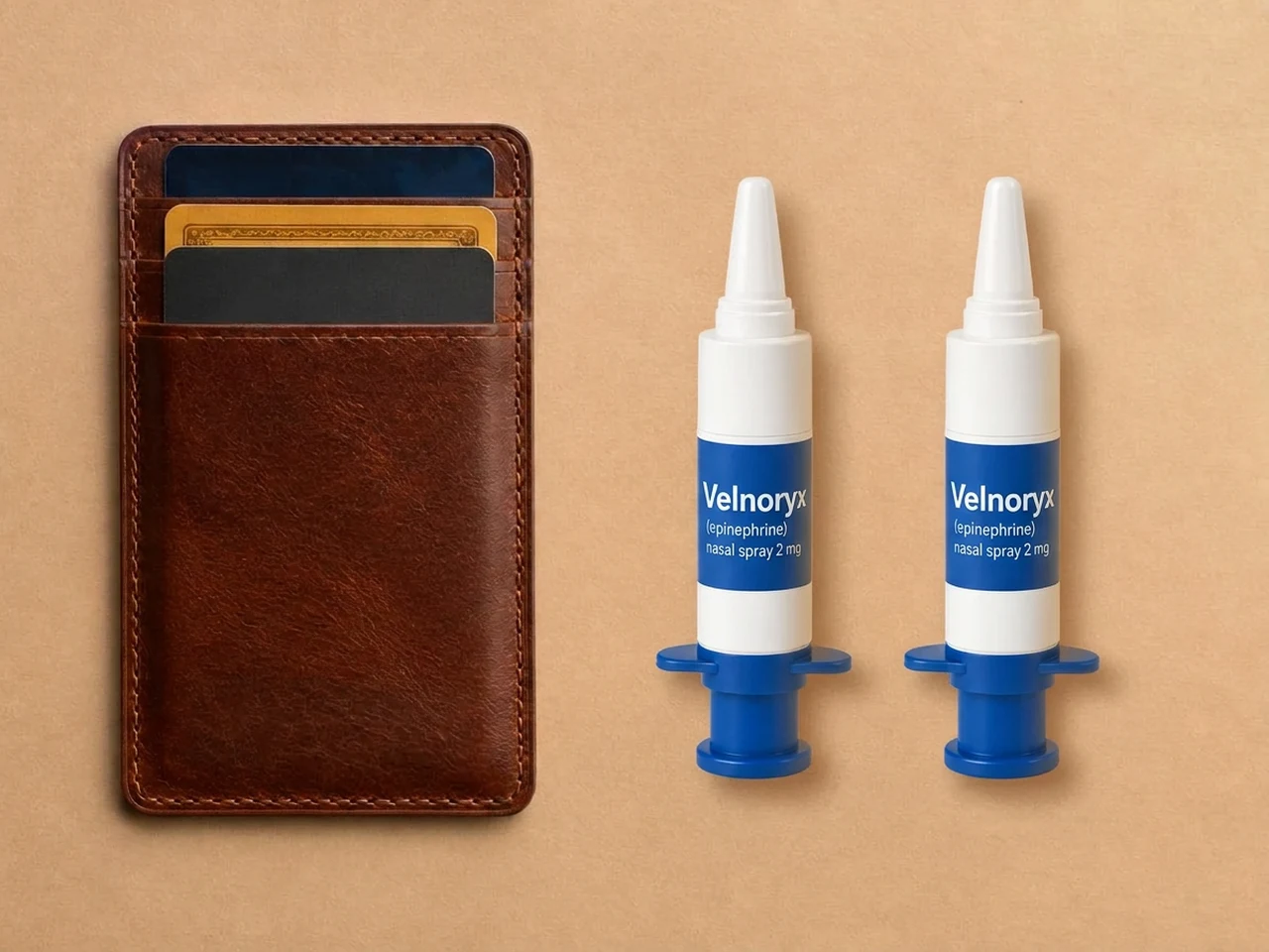 Two identical Velnoryx (epinephrine) nasal spray 2 mg devices standing beside a leather cardholder wallet, each with a tapered white nozzle, blue label band, and blue finger flanges, and each a little shorter than the wallet