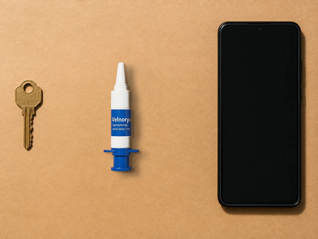 The Velnoryx (epinephrine) nasal spray 2 mg device between a house key and a smartphone, a little longer than the key and just over half the length of the phone
