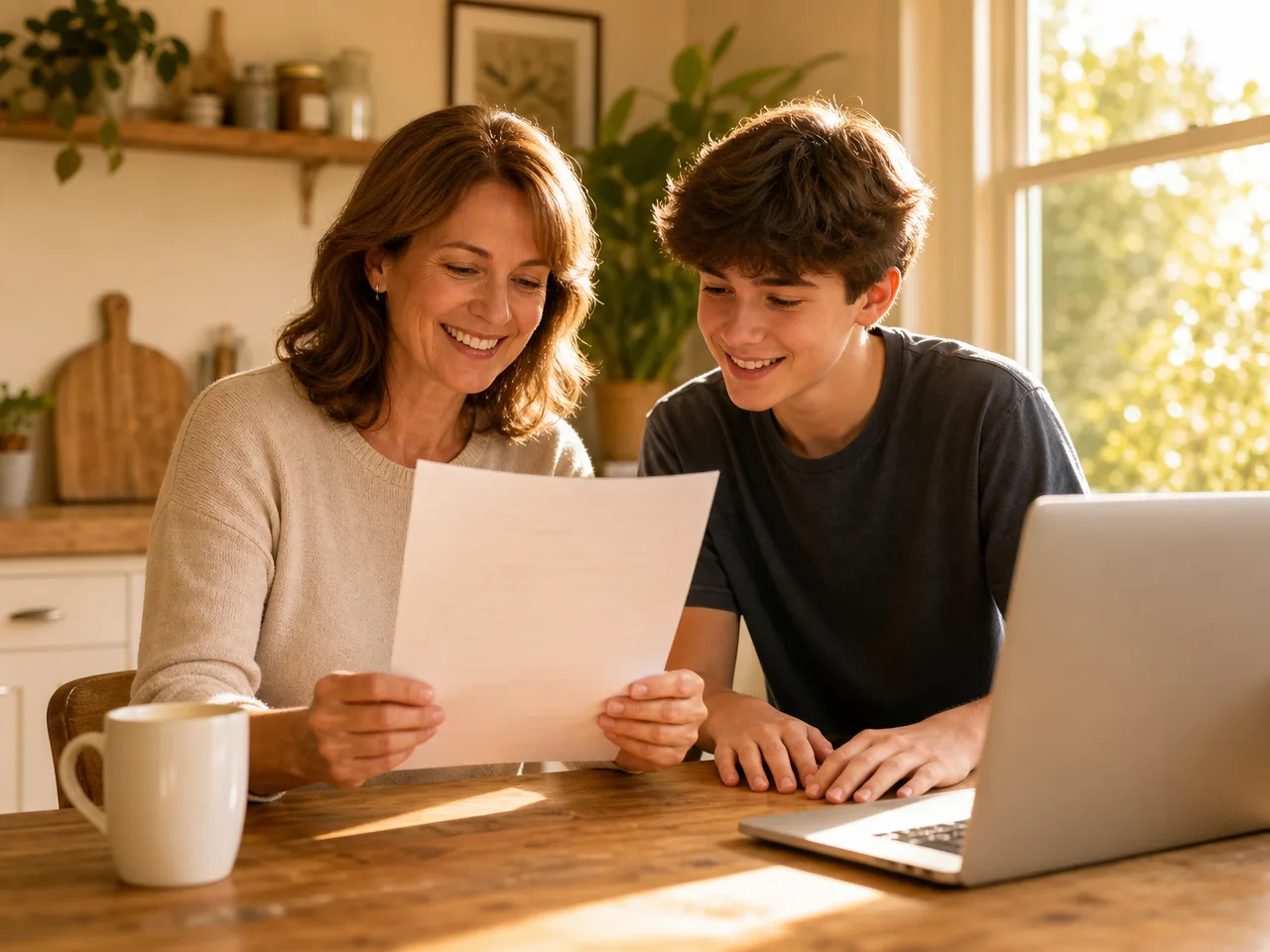 A smiling parent and their teenage son sitting together at a sunlit kitchen table, going through insurance paperwork