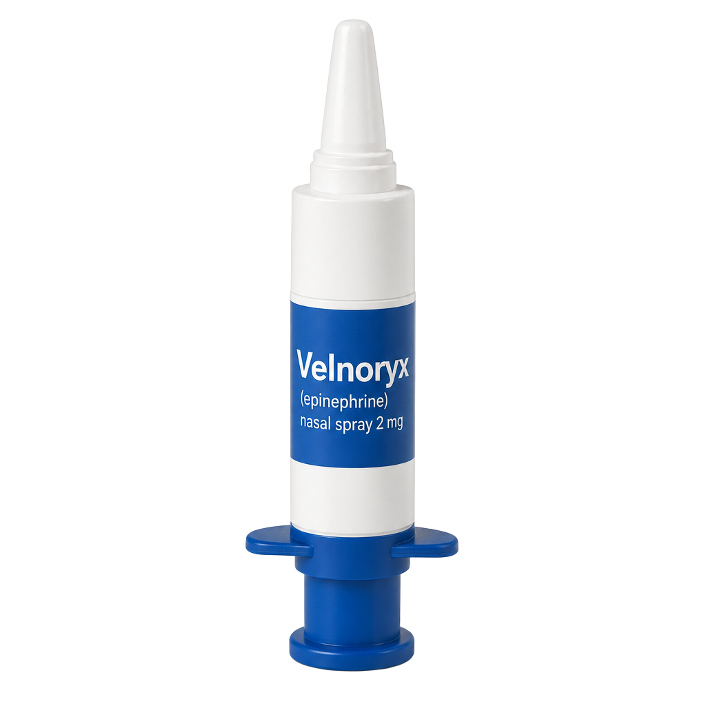 Velnoryx (epinephrine) nasal spray 2 mg, a small single-dose intranasal device with a tapered white nozzle, blue label band, blue finger flanges, and blue plunger base
